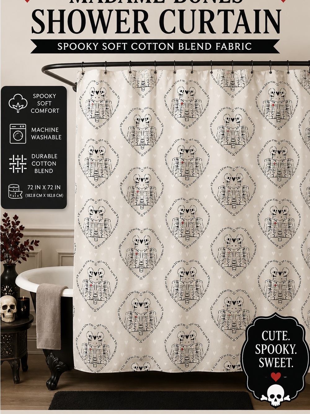 Madame Bones Cream Cotton-Blend Shower Curtain with Heart Skeleton Pattern